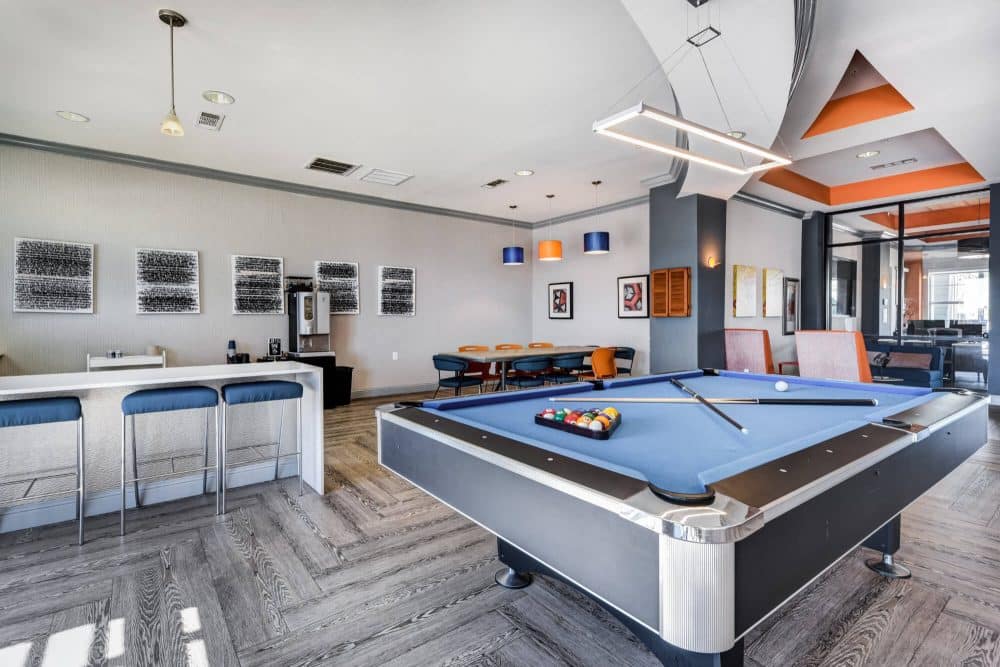 high view off campus apartments near utsa san antonio resident clubhouse game room with billard table and lounge