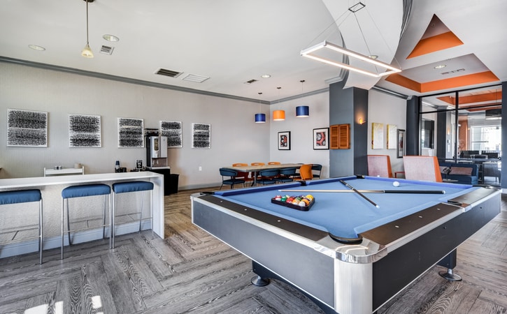 high view off campus apartments near utsa san antonio resident clubhouse game room with billard table and lounge